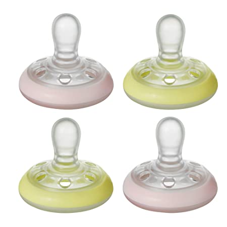 Tommee Tippee Closer to Nature Night Time Soother Pacifier - BPA-Free, Breast-Like Shape - Blue & Yellow - 0-6 Months, 4 Count, Pink