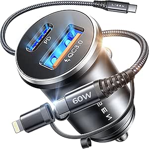 LISEN Caricabatterie Auto, Doppia Porta, Caricatore Presa USB C Fast Charge Con cavo adattatore USB, Accessori Accendisigari QC 3.0, Per iphone Pro/Max14/13/12/Samsung/Huawei/Xiaomi