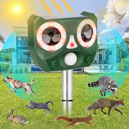 Solar Powered Animal Repellent, Ultrasonic Animal Repeller Waterproof Bird Deterrent Outdoor Cat Repellent, Squirrels Deterrent wirh Motion Sensor for Deer, Fox, Rabbits, Raccoons, Rats, Wild Pigs