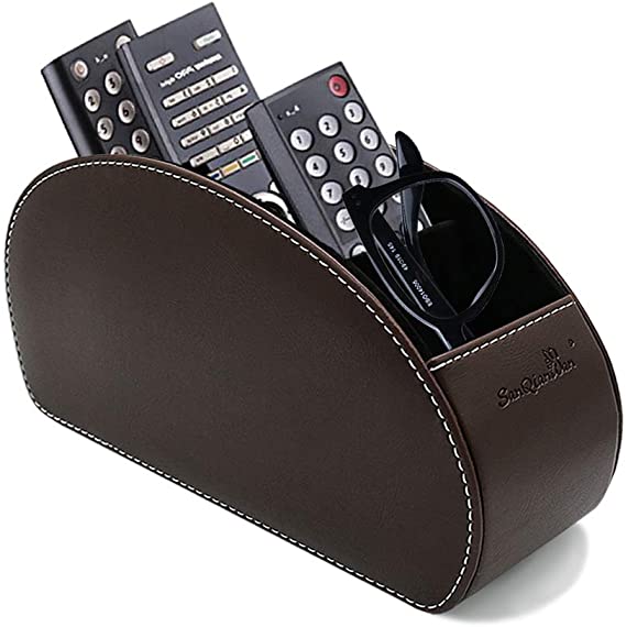 Fosinz Remote Control Holder Organizer with Metal Bottom Stable Table Desk Leather Control Storage TV Remote Control Organizer with 5 Spacious Compartments (Brown with Metal Bottom)