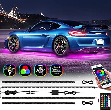 FOVAL Exterior Car LED Lights, RGB Car Underglow Lights Waterproof with APP and RF Remote Control, 2 Lines Design, 7 Scene Modes, 16 Million Colors, Music Mode, DIY Mode for SUVs, Trucks, Jeep, DC 12V