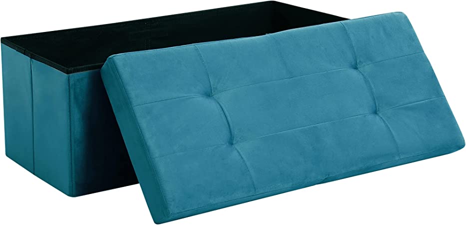 CUYOCA Storage Ottoman Bench Foldable Seat Footrest Shoe Bench End of Bed Storage with Flipping Lid, 75L Storage Space, 30 inches Velvet Teal