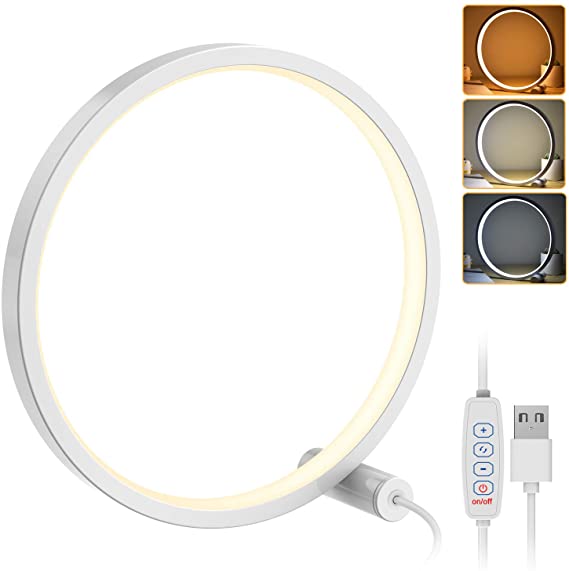 Dimmable Circle LED Desk Table Reading Lamp - ERAY Eye Caring Nightstand Lamps USB Powered Bedside Light with 3 Color Modes for Bedroom Bedside, White…