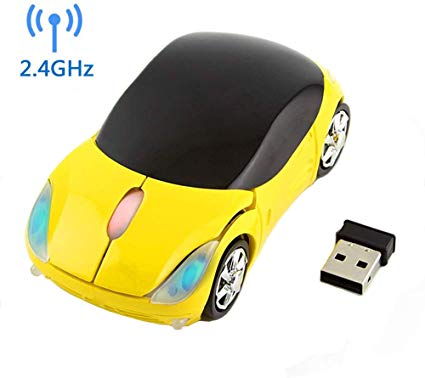 Wireless Car Mouse, 2.4G Wireless Race Car Shaped Mouse Cool Optical Mouse Novelty Cordless Mice, 1600 DPI for PC Desktop Mac Laptop  (Yellow)