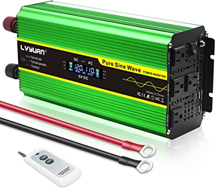 LVYUAN Pure Sine Wave Inverter 2000 Watt Inverter 12V to 110V DC to AC with Remote Controller, LCD Display 4 AC Sockets and 4 USB Ports