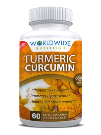 Turmeric Curcumin 95% Curcuminoids (60 Count) Highly Potent Anti Inflammatory Made in USA By Worldwide Nutrition