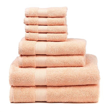 Premium 100% Cotton 8-Piece Towel Set (2 Bath Towels 30" X 52", 2 Hand Towels 16" X 28" and 4 Washcloths 12" X 12") - Natural, Soft and Ultra Absorbent (Peach)