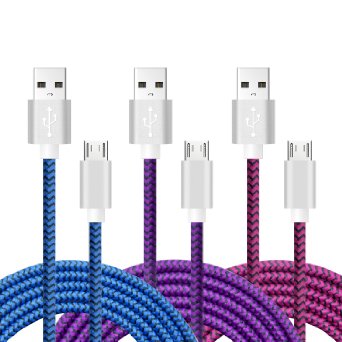 Charging Cord, Magic-T 6.6ft/2m Micro USB Cable High Speed Braided 2.0 A Male to Micro B with Silver Shell for Android, Samsung S7 S6 Edge, HTC, Sprint, LG G4, HP and More[3-Pack]