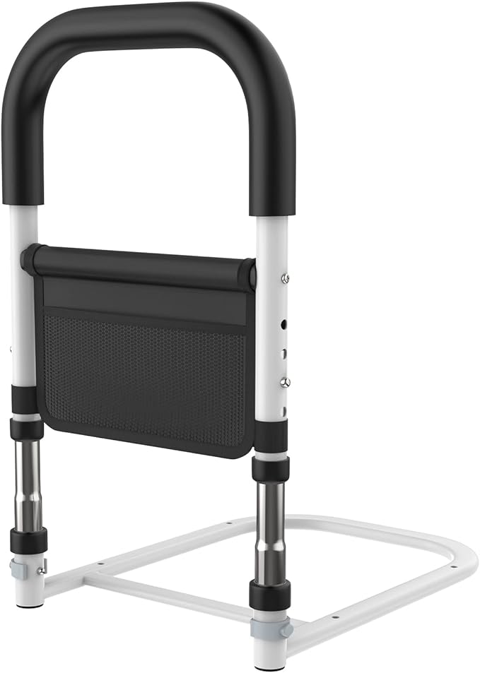 ZUEXT Adjustable Safety Senior Bed Rails White, Medical Bed Assist Grab Bar w/Storage Pocket, Bedside Fall Prevention Mobility Aid, Hand Guard Bar Handles, Safety Grab Bar for Elderly Adults Handicap