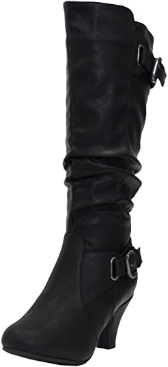 TOP Moda BAG-55 Women's Knee High Buckle Slouched Kitten Heel Boots