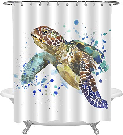 MitoVilla Antique Sea Turtle Shower Curtain Set with Hooks, Splash Watercolor Underwater World Animal Turtle Swimming in Ocean Bathroom Accessories, Bedroom Living Room Kitchen Curtain, 72 W x 72 L