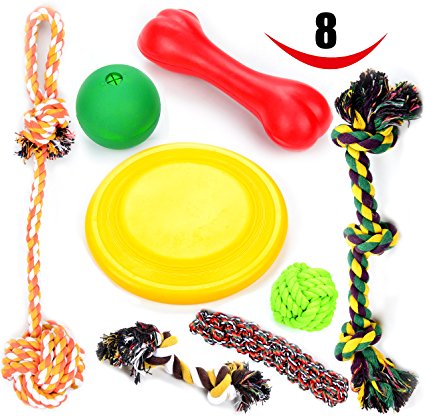 Large Dog Chew Toys 8 Value Pack - for Medium dogs & Large dogs - for aggressive chewers - 3 Dog Toys 100% Natural Rubber (Dog Frisbee, Dog Toys Bone, Dog Treat Ball) - Set of 5 Dog Toys Rope