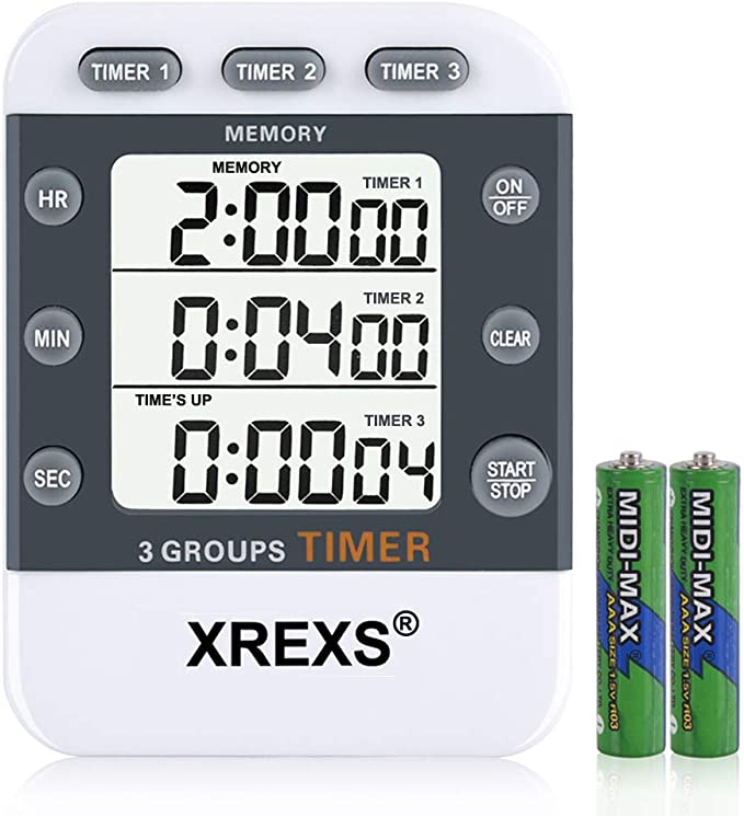 XREXS Kitchen Timer Digital 3 Channels Count UP/Down, Cooking Timer, Stopwatch, Large Display, Adjustable Volume Alarm Memory Timer with Magnetic Back, Stand, Lanyard (Battery Included)