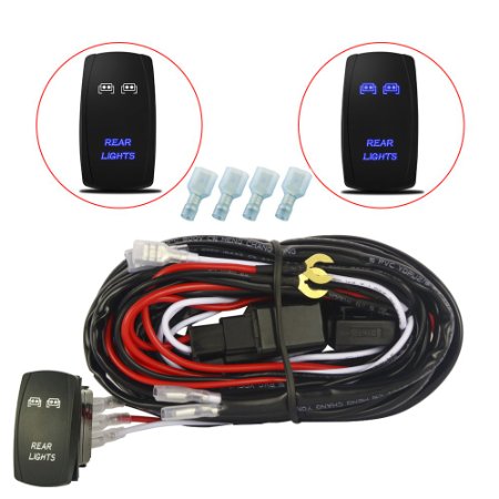 MICTUNING 12ft LED Light Bar Wiring Harness - Power Relay Laser BLUE ON-OFF Rocker Switch REAR LIGHTS