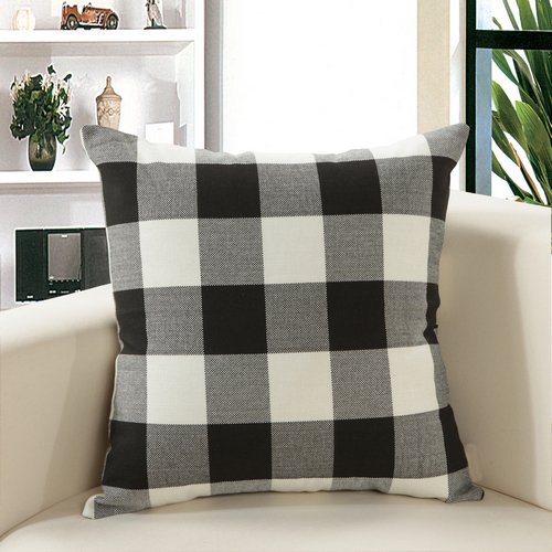 MochoHome Linen Plaid Checkered Square Decorative Throw Pillow Cover Case Pillowcase Cushion Sham - 26" x 26", Black/White