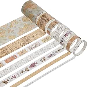 Outus 7 Rolls Vintage Washi Masking Tapes Set, Japanese Decorative Writable Tape Wide Retro Style Adhesive Writable Tape for Scrapbooking Journals Planners DIY Craft School Party Supplies, 5 Sizes