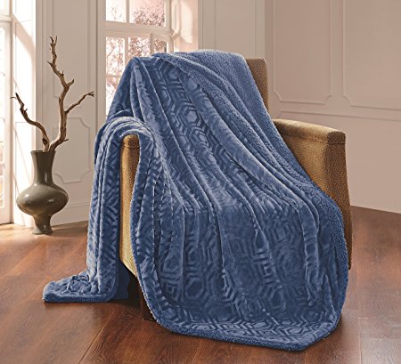 All American Collection New Solid Plush Throw Blanket with Sherpa/Borrego Backing Queen/King Size (Blue)