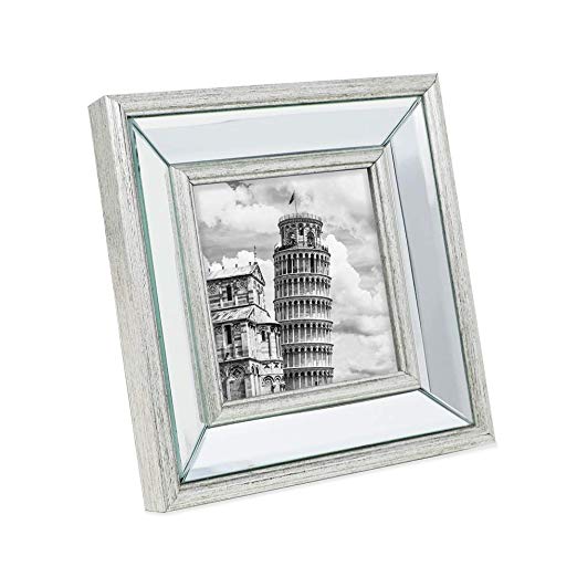 Isaac Jacobs 4x4 Silver Beveled Mirror Picture Frame - Classic Mirrored Frame with Slight Slanted Angle Made for Wall Décor Display, Tabletop, Photo Gallery and Wall Art (4x4, Silver)
