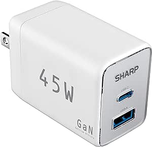 Sharp USB C Charger, 45W, 2 Port (USB A C) Compact Foldable GaN Fast Charge for iPhone 15/15 Plus/15 Pro/15 Pro Max/14, Galaxy, Pixel 4/3, iPad/iPad Mini – White