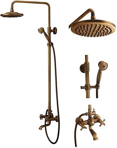 Lightinthebox Antique Inspired Solid Brass Bath Tub Mixer Taps Shower Faucet with 8 Inch Round Fixed Shower Head and Handheld Showerhead Bathroom Shower System Set Faucet Ceramic Valve Included Cooper Bronze Lavatory Plumbing Fixtures
