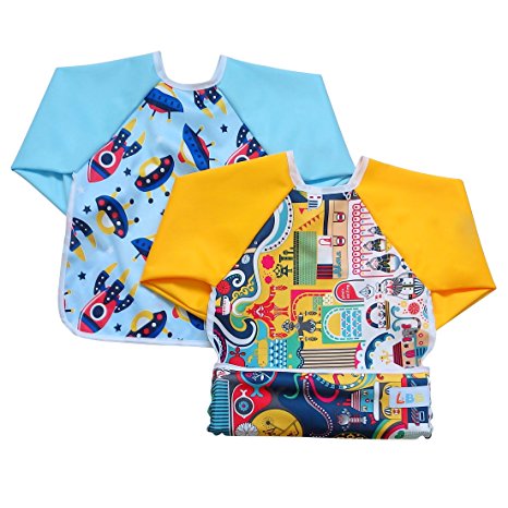 LBB Cute Waterproof Roll up Pocket Baby Bibs Smock with Long Sleeves(2pcs Pack)Fit babies 6-36 Months, Cityscape and Spacecraft