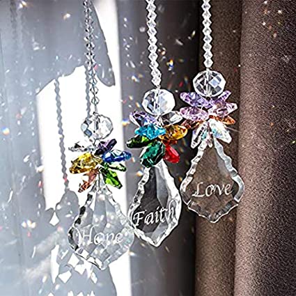 H&D Glass Crystal Rainbow Angel Ornament Chakra Hanging Suncatcher Window Sun Cactwith Baroque Maple Leaf Pendant for Gift, Pack of 3