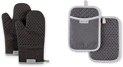 KitchenAid Asteroid Oven Mitt Set, 7"x12.5", Black, 2 Piece & Asteroid Pot Holder 2-Pack Set, Charcoal Grey, 7"x10"