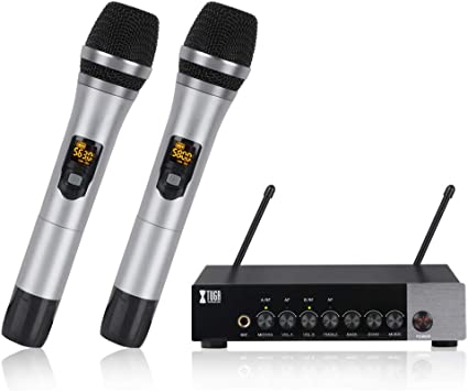 XTUGA UH110 UHF Dual Channel Wireless Handheld Microphone, Easy-to-use Karaoke Bluetooth Microphone System with Treble/Bass/Echo Effect (Receiver No Built-in Battery)
