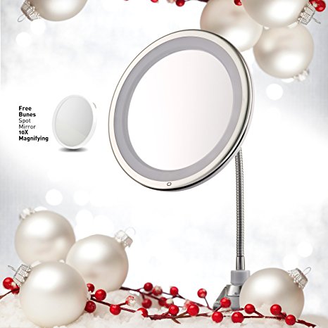 Lighted Makeup Mirror 10” Long Gooseneck Mirror w/ Warm LED Light, Best Wireless, Battery Operated, Adjustable, Bathroom Vanity Dresser Mirror, FREE 10X Magnifying Spot Mirror, Compact Travel Mirror