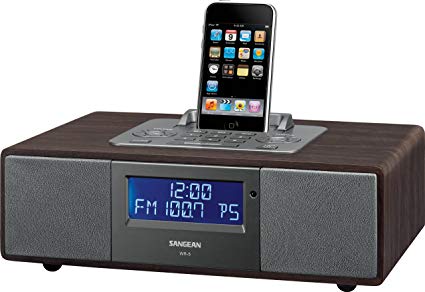 Sangean WR-5 FM-RBDS/AM/Aux-in Tabletop Wooden Cabinet Receiver Compatible with iPod, 12 Memory Preset Stations (6 FM, 6 AM), iPod Cradle Plays and Charges any iPod, Comprehensive iPod Dock Adjuster