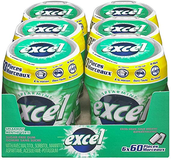 Excel Sugar-Free Gum, Spearmint,  60pc Bottle, 6 Count