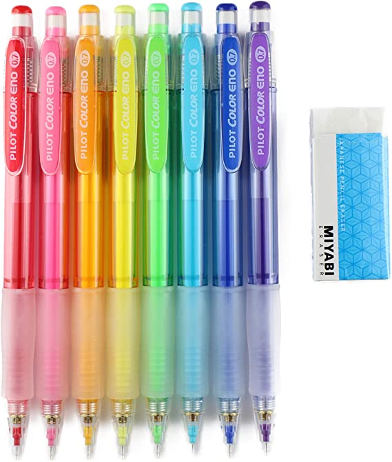 Pilot Color Eno Mechanical Pencil, 0.7mm, 8 Colors, MIYABI eraser set (HCR12R-8C/MB-Blue)