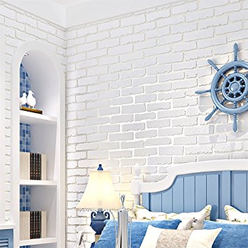 N.SunForest White 3D Elasticity Self-Adhesive Peel and Stick Brick Grain Non-Woven Fabric Wallpaper Home Living Room Bedroom Baby Nursery Wall Decor Art Murals