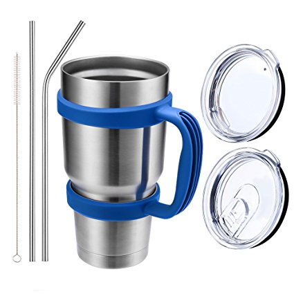 Comfy Mee Double wall Vacuum Insulated Stainless Steel Tumbler with Ink Blue Handle 30oz Combo: 1 Mug - 1 Regular Lid - 1 Spill & Splash Resistant Lid - 1 Handle-2 Straws - 1 Cleaner brush