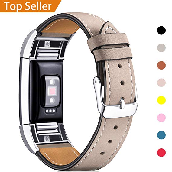 [New Arrival] for Fitbit Charge 2 Band Leather Strap, Mornex Classic Adjustable Replacement Wristband for Fitbit Charge 2 Fitness Accessories with Metal Connectors, Beige