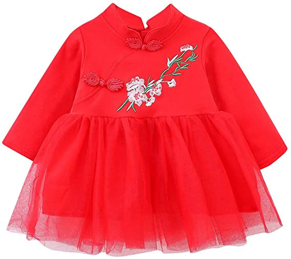 Girls Dress Toddler Baby Kid Cheongsam Floral Chinese Style Tulle Princess Dresses,Summer Skirts Beachwear Clothes(Red,12-18 Months)