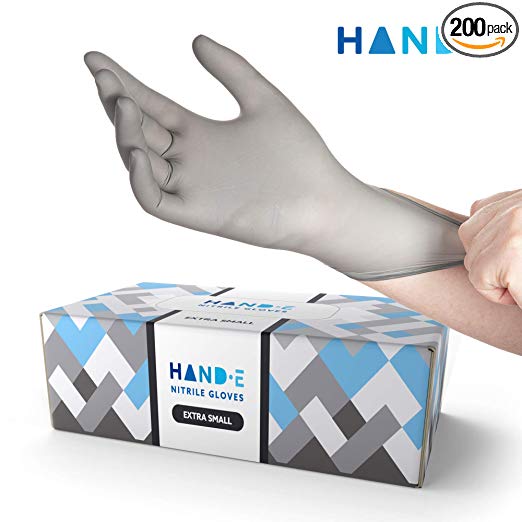 Hand-E Disposable Grey Nitrile Gloves XS - 200 Count - Kitchen Gloves - Powder Free, Latex Free Medical Exam Gloves with Textured Grip Fingertips - Cleaning, Salon, Painting