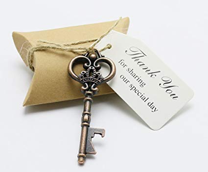 50pcs Wedding Favors Candy Box w/Antique Skeleton Key Bottle Openers Escort Card Thank You Tag Pillow Box (Key Style #5)