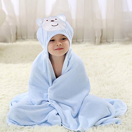 Hooded Towel Blue for Kids, Bamboo Fabric Highly Soft &Absorbent Baby Bath Towel with Animal Face for Newborn & Kids 39" x 47" by Zebrum (Large, Blue Monkey)
