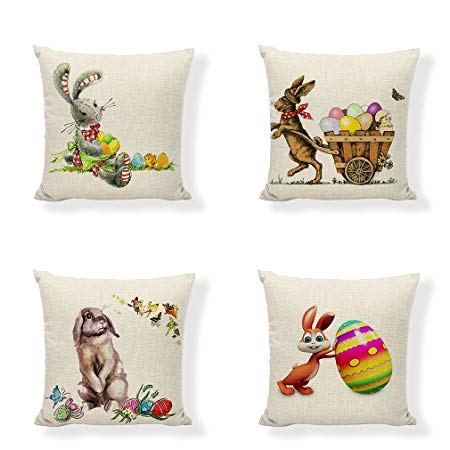 PSDWETS Easter Rabbit with Eggs Home Decor Pillow Covers Set of 4 Cotton Linen Cute Bunny Throw Pillow Case Cushion Cover 18 X 18
