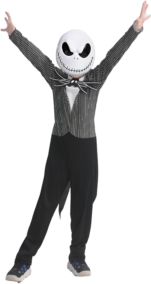 Jack Costume Kids Boys The Skeleton Skellington Jumpsuit and Mask Outfits Christmas Halloween Cosplay Props 3-12 Years