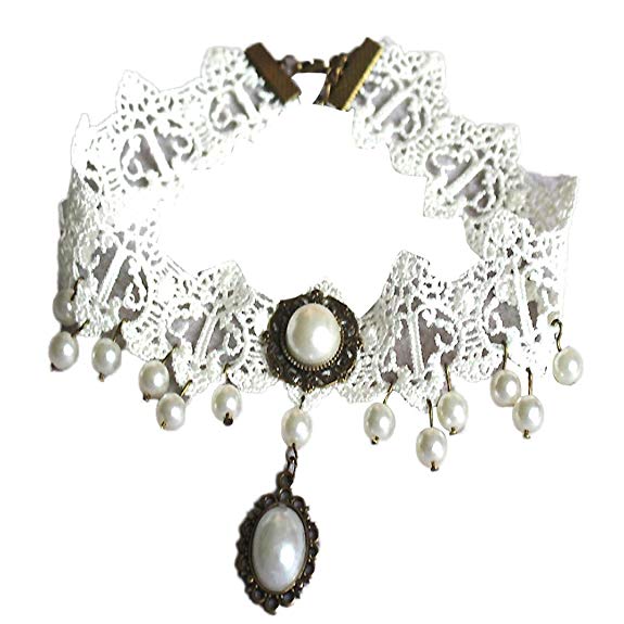 Fashion Girl Handmade Gothic Retro Pearl Lace Choker Necklace