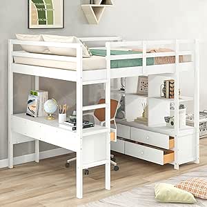 Full Loft Bed with Desk and Storage Cabinet, Wood Full Size Loft Beds Frame with Bookcase and Shelves, Modern Full Loft Bed for Kids Teens Adults Boys Girls (Loft Bed Full Size, White)