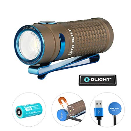 Olight S1R II Desert Tan 1000 Lumen Compact Rechargeable EDC Flashlight with Single RCR123A Battery, Magnetic Charging Cable and Olight Patch (Limited Edition)