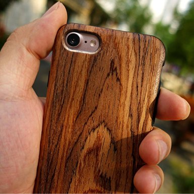iPhone 7 Case, NeWisdom Unique Slim Hybrid Rubberized Cover [Wood over Rubber] Soft Real Wood Case for Apple iPhone7 - Sandalwood