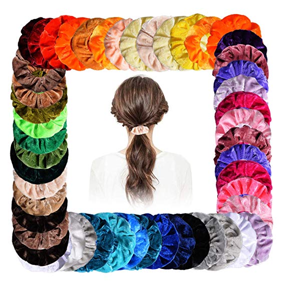 Velvet Hair Scrunchies, 50Pcs Colorful Elastic Hair Scrunchy, Ponytail Holder Bands Set with Storage Bag for Women Girls Lady Children Hair Accessories (40 Random Colors)