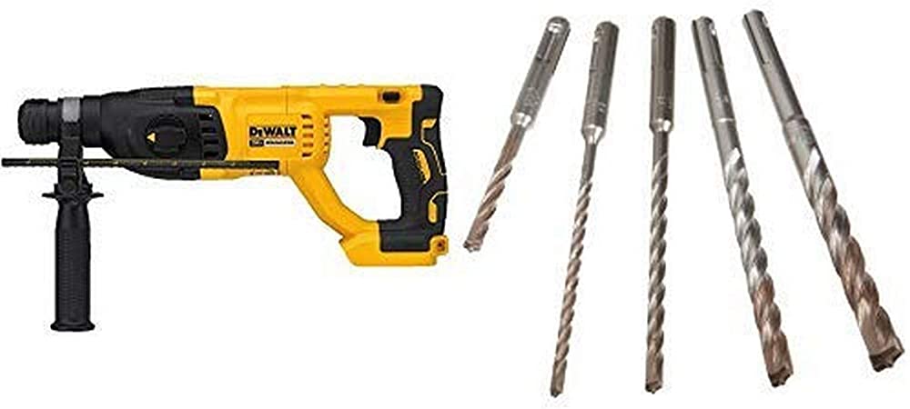 DEWALT DCH133B  20V Max XR Brushless 1” D-Handle Rotary Hammer Drill (Tool Only) with DEWALT DW5470 5-Piece Rock Carbide SDS Plus Hammer Bit Set