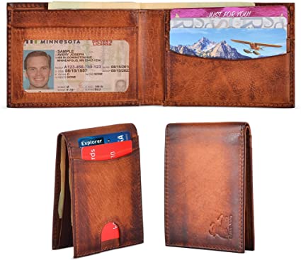 Genuine Leather Mens RFID Slim Wallet with ID Window and Gift Box Great For Work, Fun, Travel, Outdoors, Sports