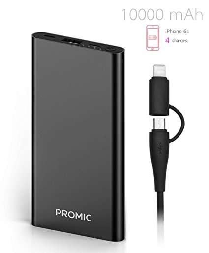 PROMIC 10000mAh Power Bank with Gifted Lightning & Micro USB Cable - 2.1A Output (High-Speed) Portable Charger for iPhone, iPad, Samsung Galaxy, Android and Smart Devices, (Aluminum Shell, Black)