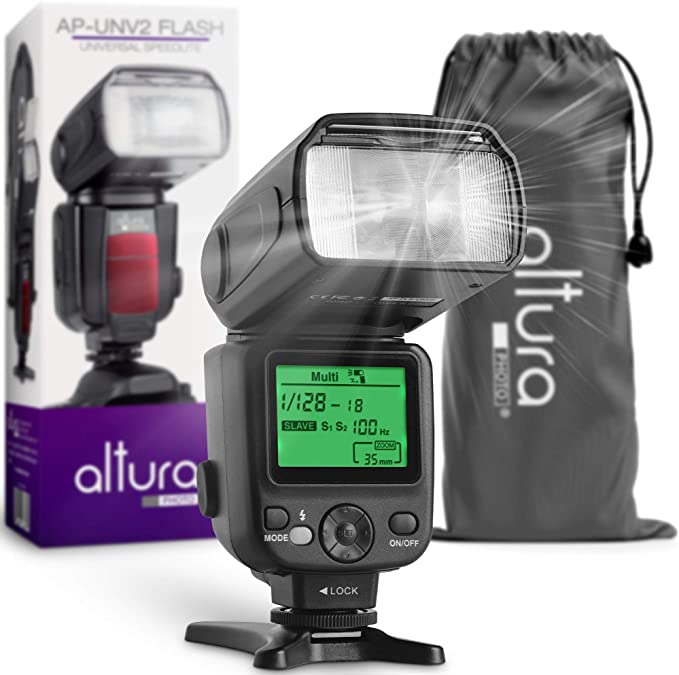 Altura Photo AP-UNV2 Camera Flash Light Speedlite with LCD Display for Canon Nikon Sony Panasonic Olympus Pentax DSLR and Mirrorless Cameras Featuring a Standard Hot Shoe